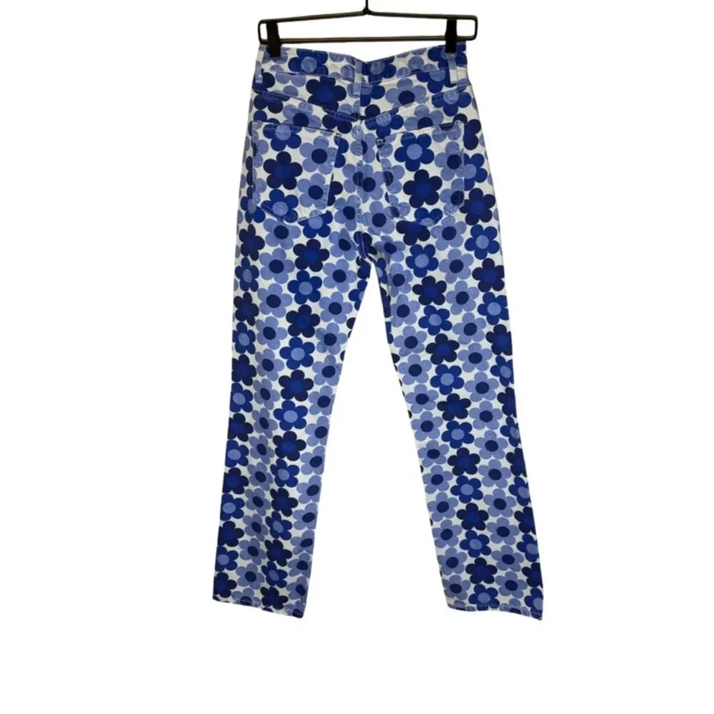 Zara Blue Floral Print Wide Leg Jeans Y2K Retro Cotton Denim 4